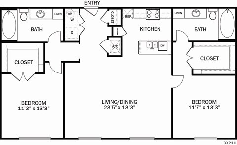 Floor plan for 2 beds, 2 baths, 1200 sqft